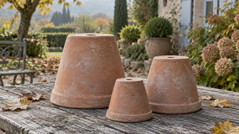 Pots en terre cuite vides nettoyés et laissés à sécher avant l’hiver