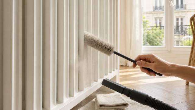 Brosse et aspirateur utilisés pour retirer la poussière entre les ailettes d’un radiateur froid