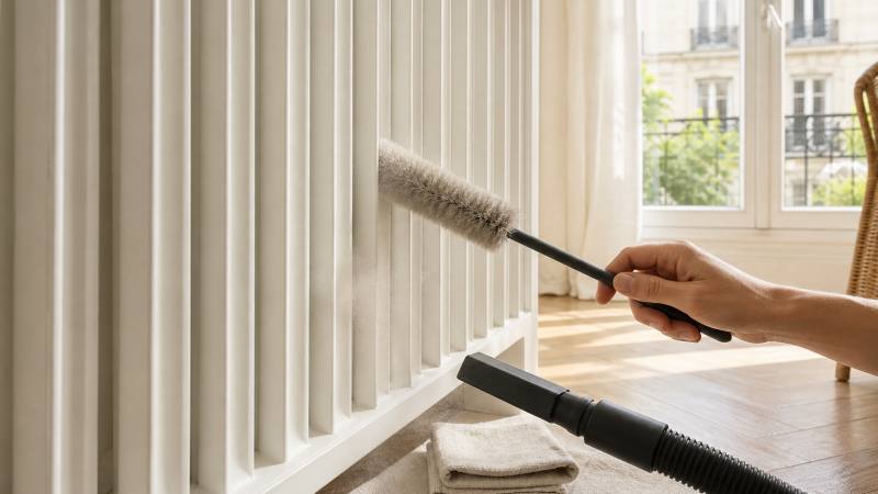 Brosse et aspirateur utilisés pour retirer la poussière entre les ailettes d’un radiateur froid