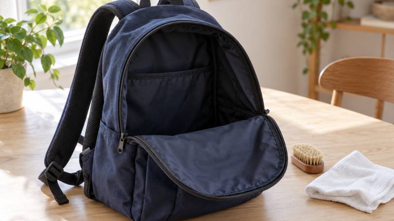 Sac à dos en toile ouvert, nettoyé avec une brosse douce et un chiffon humide