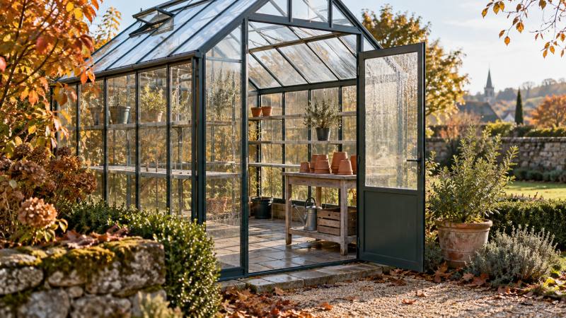 Serre de jardin propre et aérée en automne
