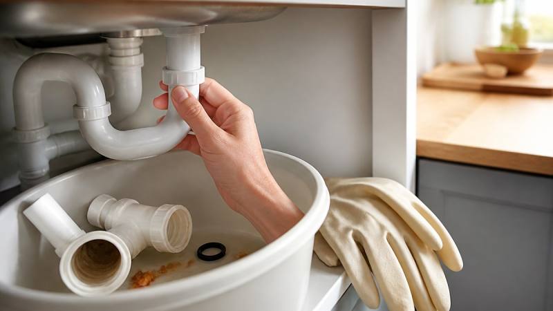 Nettoyage d’un siphon blanc démonté sous un évier de cuisine
