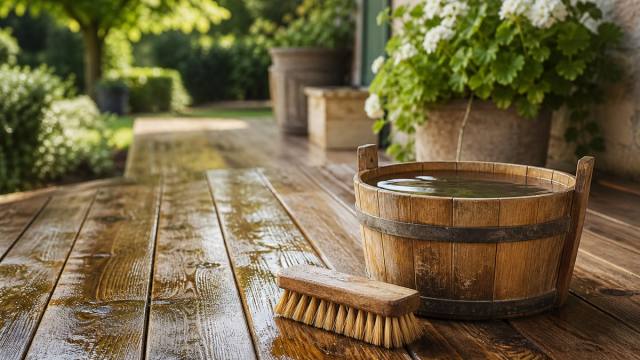 Terrasse en bois nettoyée avec une brosse souple et un seau d'eau
