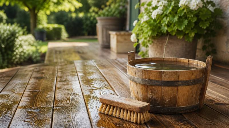 Terrasse en bois nettoyée avec une brosse souple et un seau d'eau