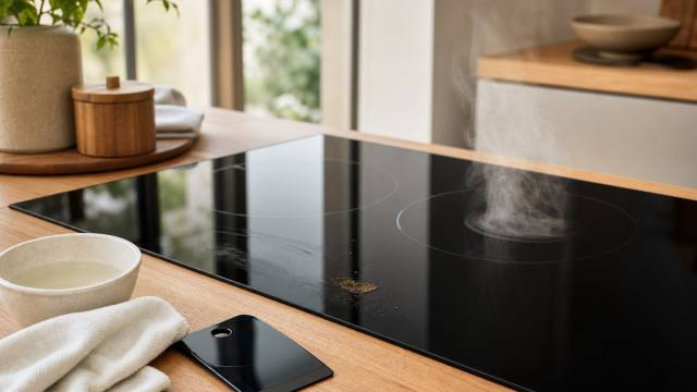 Plaque à induction noire nettoyée avec un chiffon microfibre et un racloir adapté