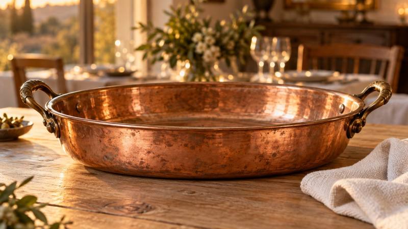 Plat de service en cuivre légèrement terni avec un chiffon doux sur une table en bois