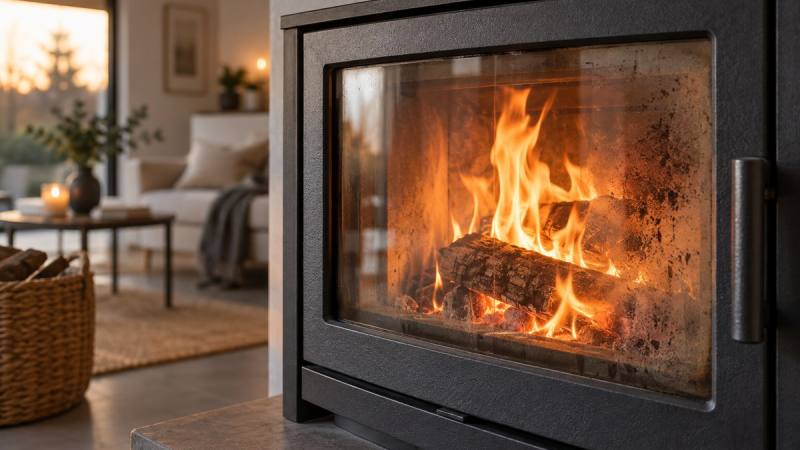 Vitre légèrement noircie d’un insert à bois avec les flammes visibles