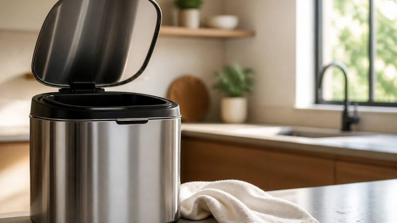 Poubelle de cuisine en inox ouverte avec couvercle propre et chiffon blanc
