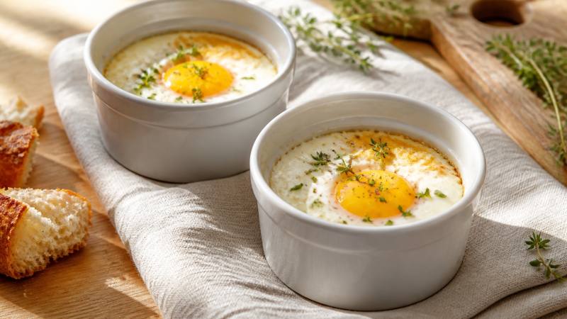 Deux œufs cocotte cuits dans des ramequins avec un jaune encore coulant