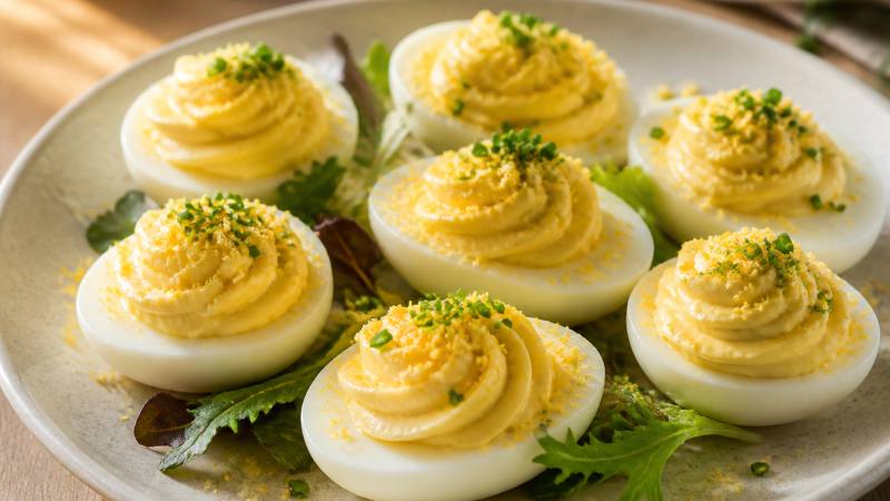 Œufs mimosa à la garniture lisse, servis sur une assiette avec ciboulette