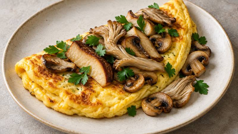 Omelette dorée garnie de champignons poêlés variés et de feuilles de persil dans une assiette en céramique claire.