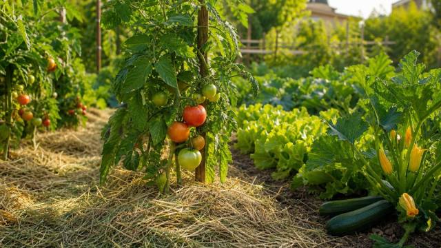 Potager d’été paillé avec de la paille au pied des tomates et des courgettes