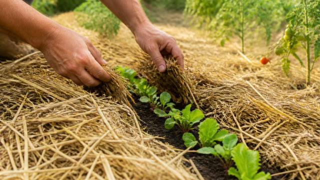 Mains déplaçant un paillis de paille autour de jeunes plants dans un potager