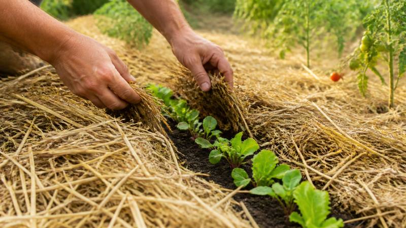 Mains déplaçant un paillis de paille autour de jeunes plants dans un potager