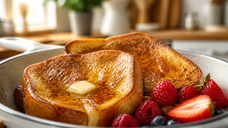 Tranches de pain perdu dorées servies avec des fruits rouges