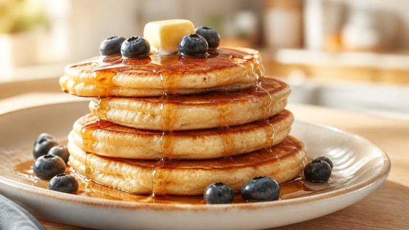 Pile de pancakes moelleux au sirop d’érable et aux myrtilles