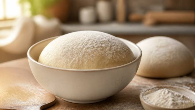 Deux boules de pâte à pizza maison levée sur un plan de travail fariné