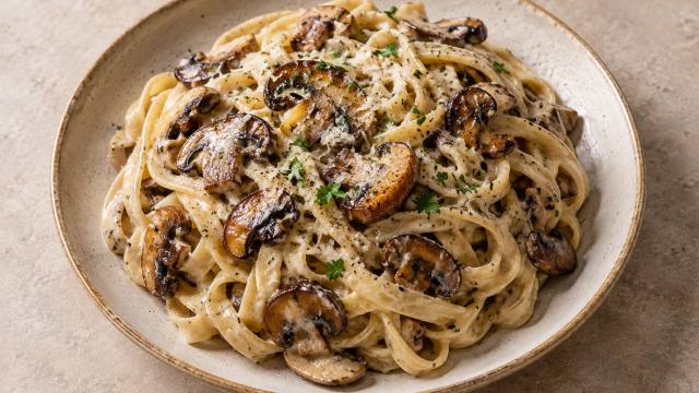 Pâtes longues enrobées de crème avec des champignons dorés