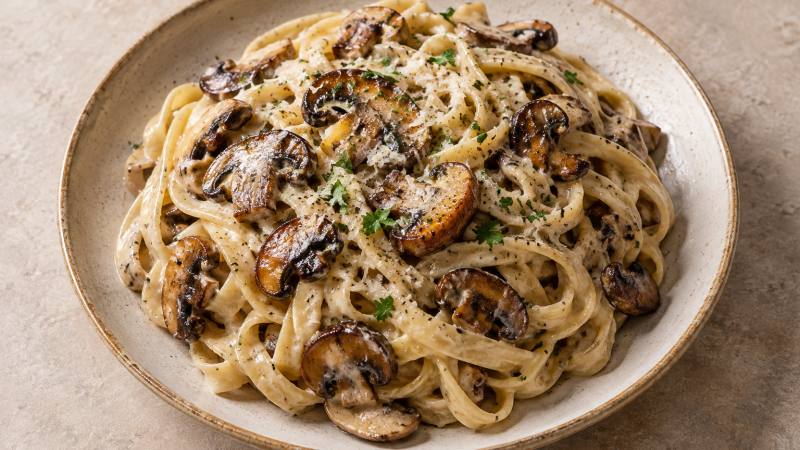 Pâtes longues enrobées de crème avec des champignons dorés
