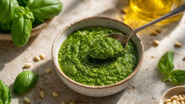 Bol de pesto au basilic vert avec feuilles fraîches et pignons de pin