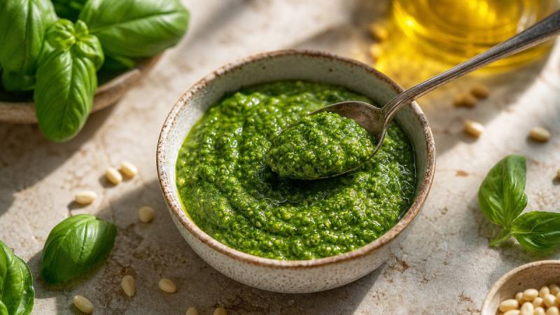 Bol de pesto au basilic vert avec feuilles fraîches et pignons de pin