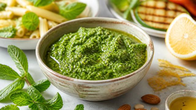 Bol de pesto de menthe frais avec citron, amandes et légumes grillés