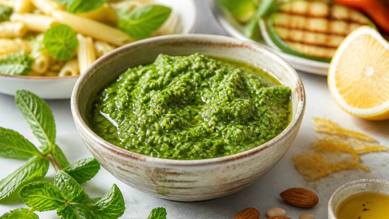Bol de pesto de menthe frais avec citron, amandes et légumes grillés