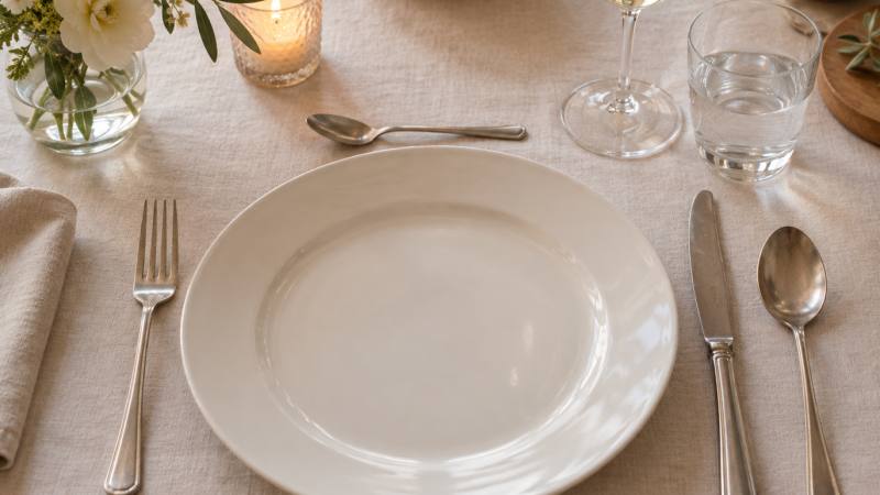 Table dressée avec fourchette à gauche et couteau à droite selon les plats servis