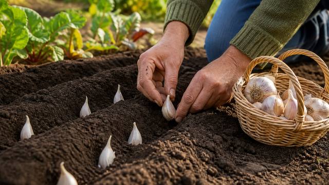 Des mains plantent des caïeux d’ail dans un rang de potager