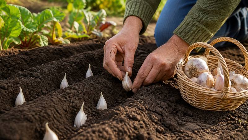 Des mains plantent des caïeux d’ail dans un rang de potager