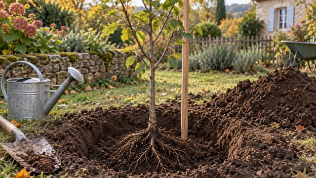 Jeune arbre fruitier planté dans un trou de terre avec un tuteur en automne
