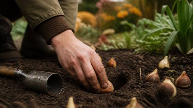 Main plantant des bulbes de tulipes dans une terre de jardin drainée