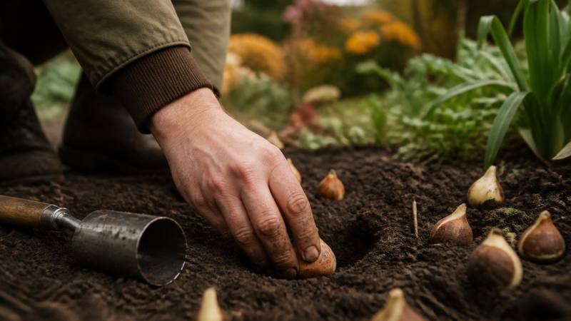 Main plantant des bulbes de tulipes dans une terre de jardin drainée