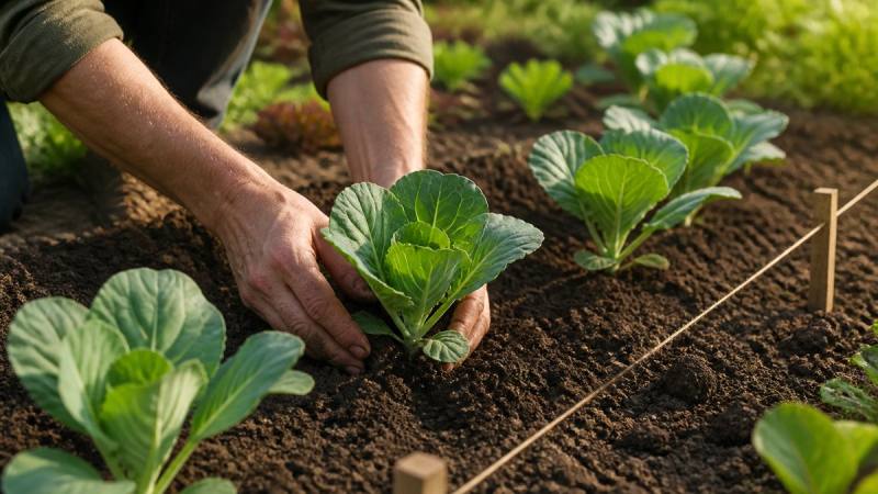 Plantation de jeunes choux bien espacés dans un potager