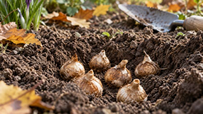 Crocus plantés dans une terre de jardin ressuyée en automne