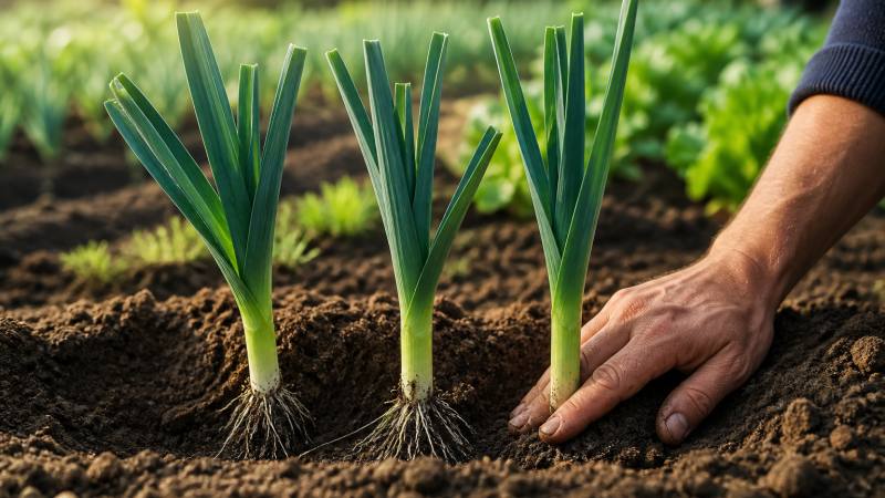 Jeunes poireaux plantés dans un rang de potager avec une main qui ramène la terre au pied