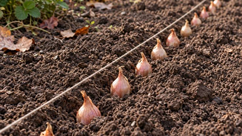 Rang de caïeux d’échalote posé dans une terre de potager friable