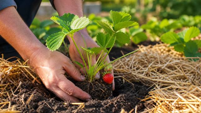 Mains plantant un jeune fraisier dans un potager paillé