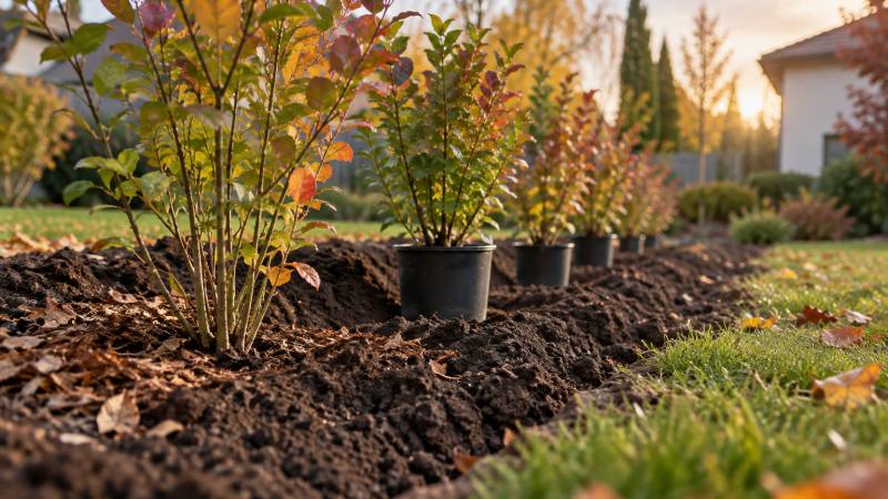 Jeunes arbustes alignés dans une terre préparée pour planter une haie en automne
