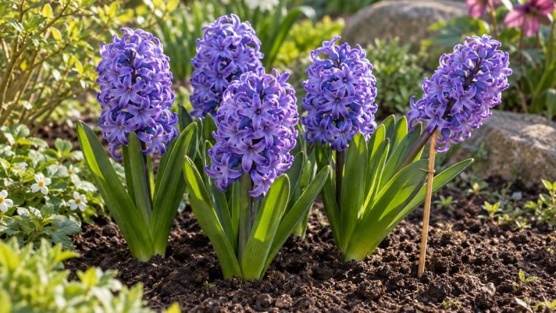Jacinthes violettes au jardin avec un tuteur discret près d’une hampe florale