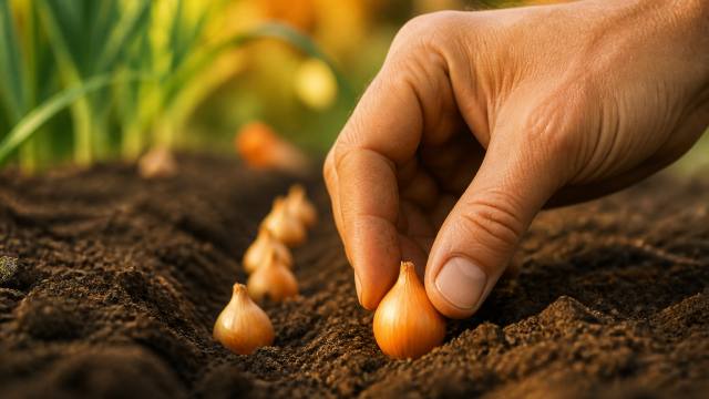 Main plantant des bulbilles d’oignon dans un sillon de terre au potager