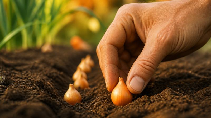 Main plantant des bulbilles d’oignon dans un sillon de terre au potager