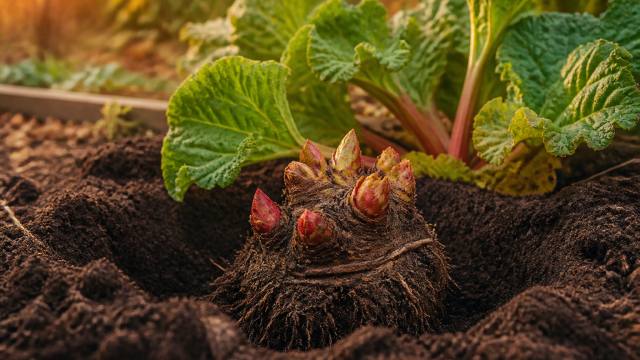 Couronne de rhubarbe placée dans un trou de plantation au potager