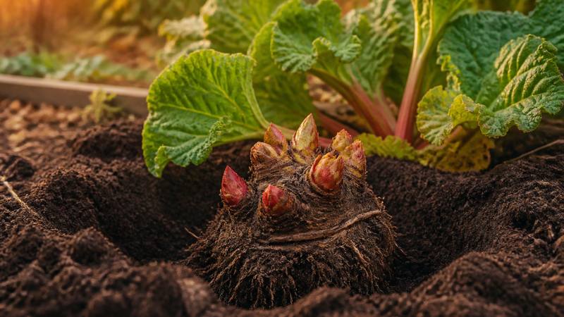 Couronne de rhubarbe placée dans un trou de plantation au potager