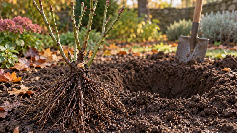 Rosier à racines nues prêt à être planté dans une terre de jardin meuble.