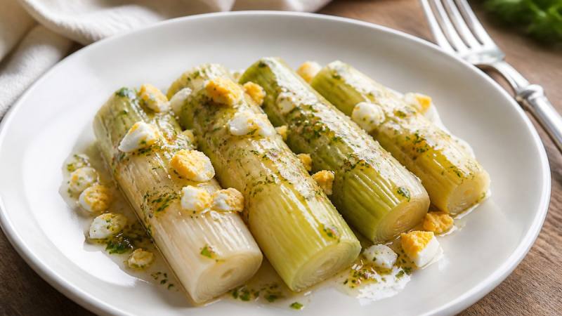 Poireaux vinaigrette tendres avec œuf dur émietté