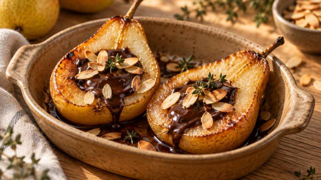Deux demi-poires rôties garnies de chocolat noir fondu et d’amandes effilées
