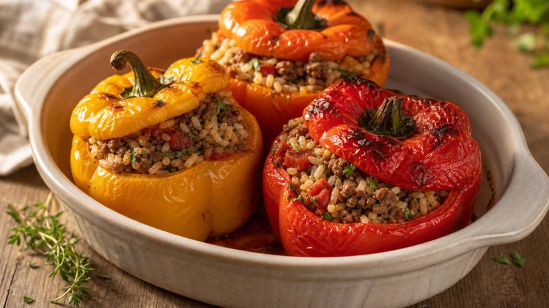 Poivrons rouges et jaunes farcis au riz et à la viande dans un plat en céramique