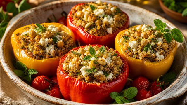 Poivrons rouges et jaunes farcis au quinoa, pois chiches, feta et herbes fraîches