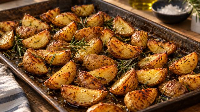 Pommes de terre rôties au four avec romarin sur une plaque